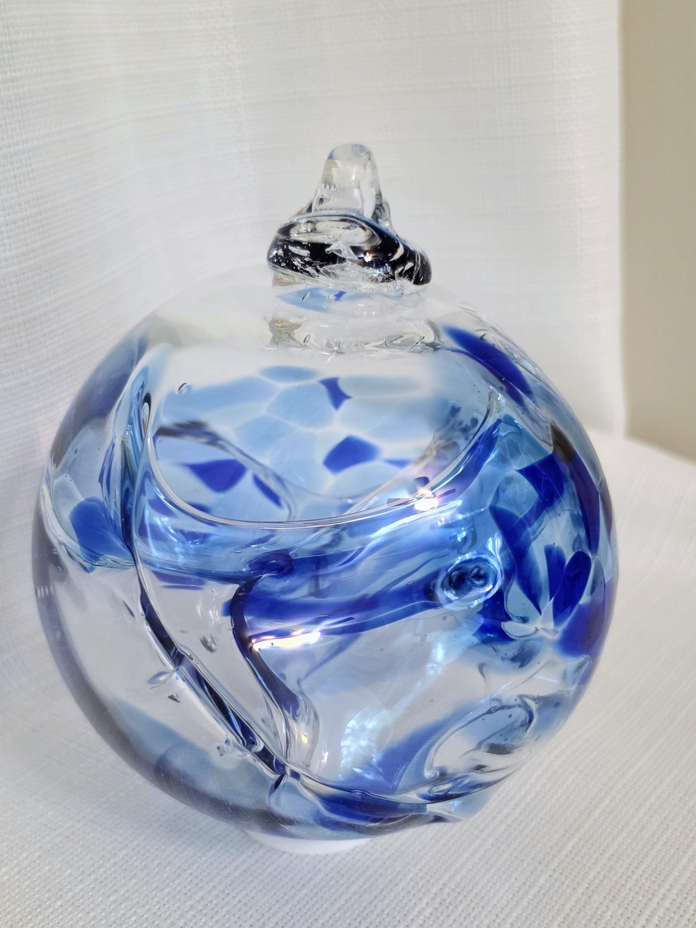 Artist Hand Blown Hanging Glass Ornament Blue Orb Clear Web 6.5 X 5" Suncatcher